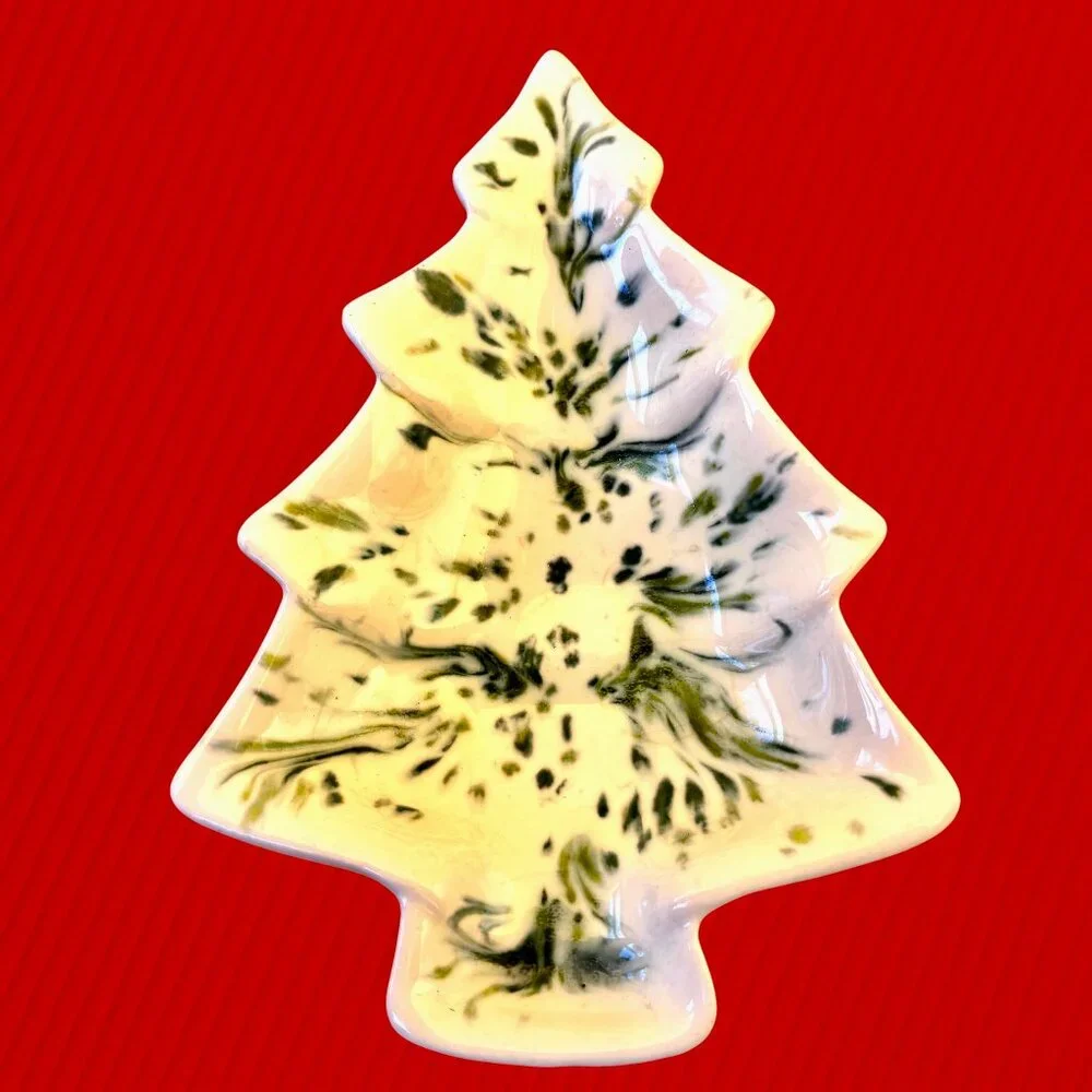 Vintage 70''s Ceramic Christmas Tree Speckled Splatter Candy Dish Trinket Small